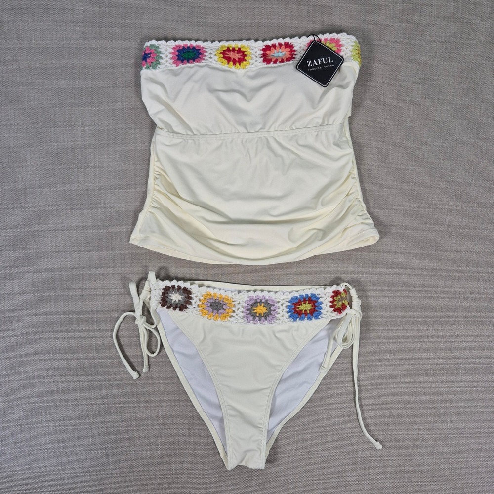 Zaful Women Cream Crochet Floral Bandeau Tankini Swimsuit Set New Size M